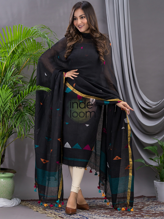 Deep Black | Handloom Jamdani Linen Unstitched 2-Piece Kurti