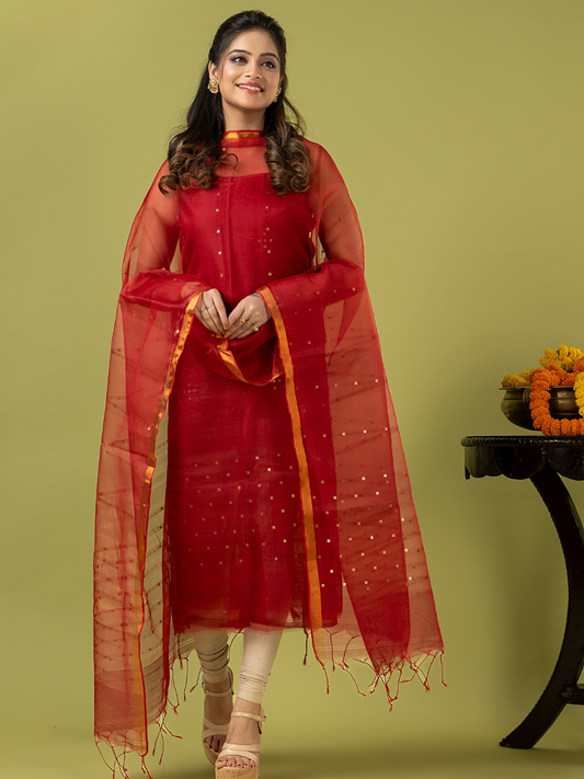 Handwoven Jamdani Muslin Unstitched 2-piece Kurti | Scarlet Red