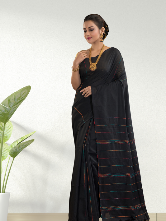 Handloom Jamdani Saree With Rich Black - 010