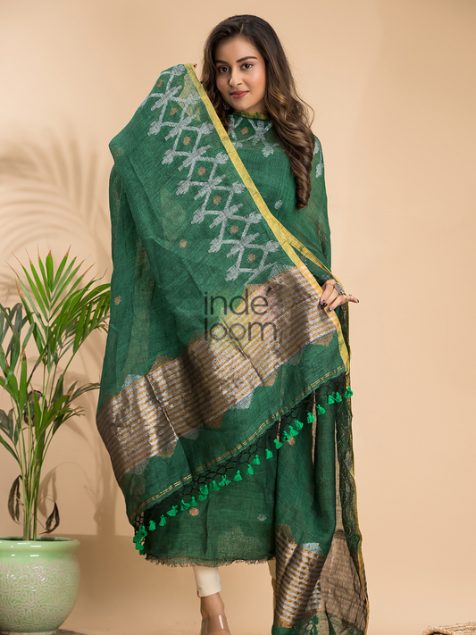 Teal Forest | Handloom Jamdani Linen Unstitched 2-Piece Kurti | Dhakai Design