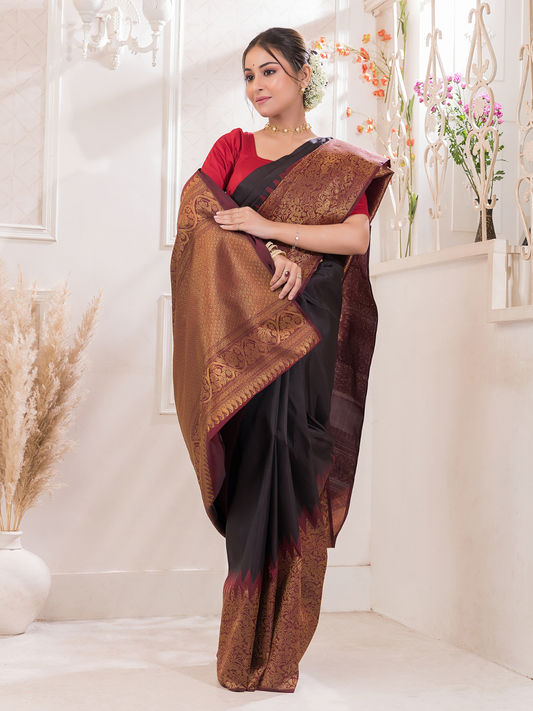 Kaalindi - Midnight Black silk with temple border and zari breeze