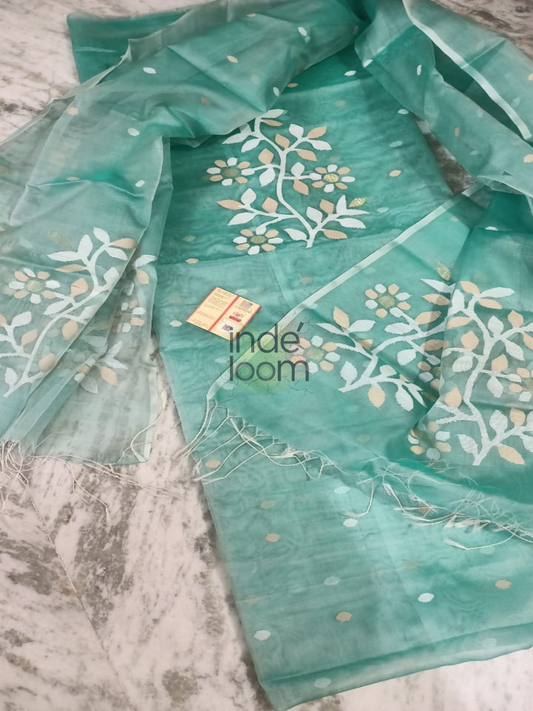 Aqua Teal | Handloom Jamdani Muslin Unstitched 2-Piece Kurti