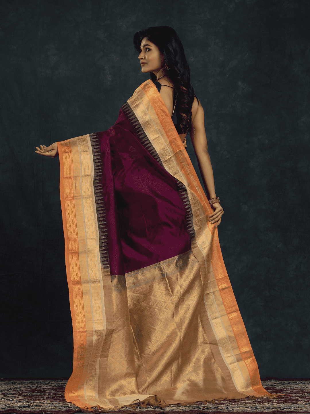 Pure Handloom Korvai Silk Cotton Saree in Deep Purple with Beige and Golden Orange with Temple border - 119