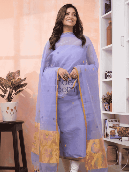 Periwinkle | Handloom Jamdani Muslin Unstitched 2-Piece Kurti | Paithani Design