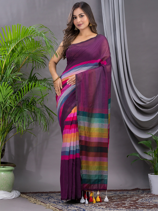 Handloom Khadi Cotton Saree With Wine Purple - 006