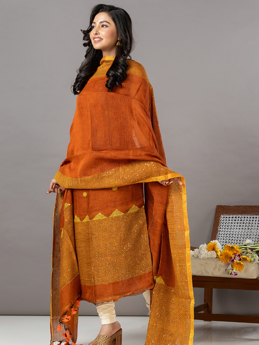 Handwoven Jamdani Linen Unstitched 2-Piece Kurti | Burnt Orange