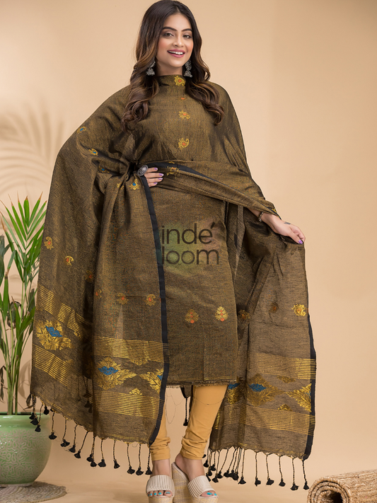 Dark Olive Green | Handloom Jamdani Linen Unstitched 2-Piece Kurti | Benaras Design