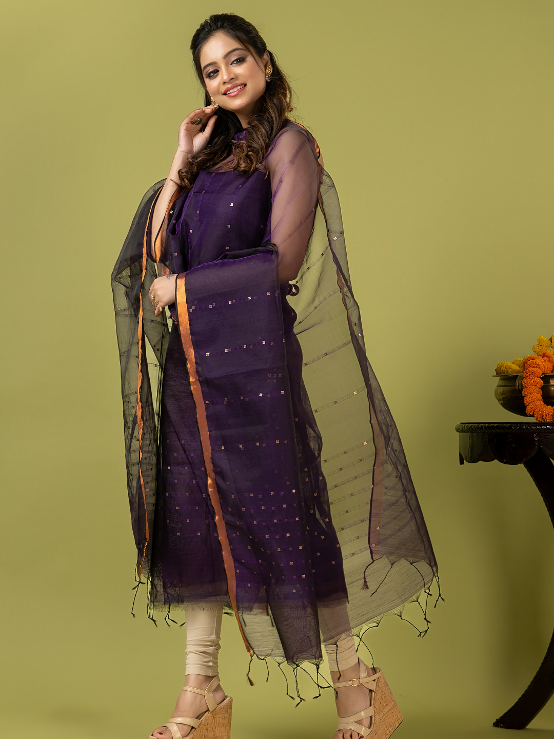 Handwoven Jamdani Muslin Unstitched 2-piece Kurti | Deep Violet
