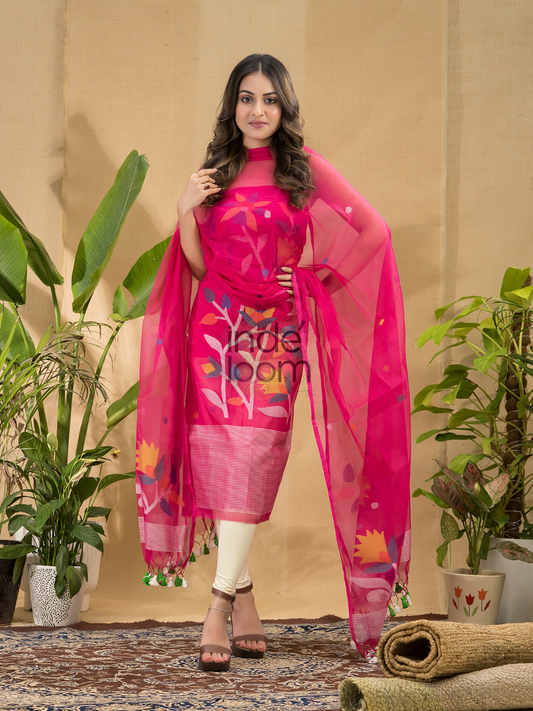 Cerise Pink | Handloom Jamdani Muslin Unstitched 2-Piece Kurti | Tantuj Design