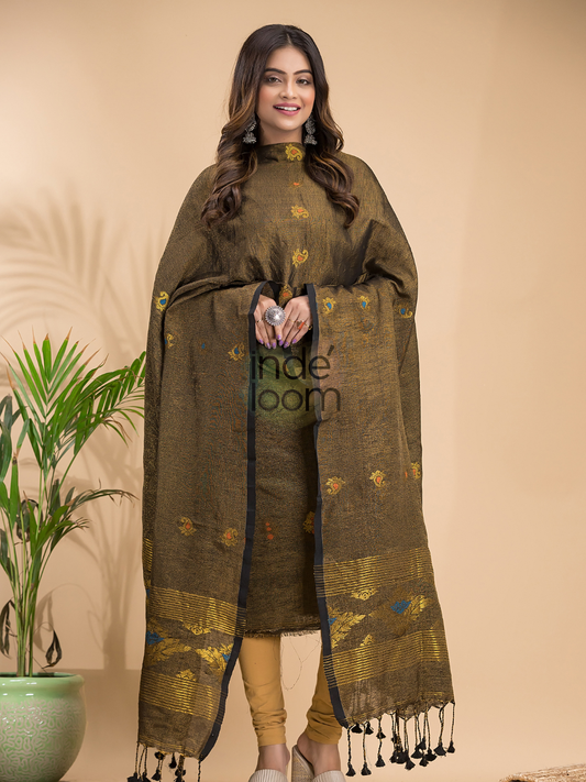 Dark Olive Green | Handloom Jamdani Linen Unstitched 2-Piece Kurti | Benaras Design