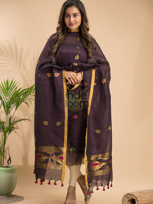 Eggplant | Handloom Jamdani Linen Unstitched 2-Piece Kurti | Benaras Design