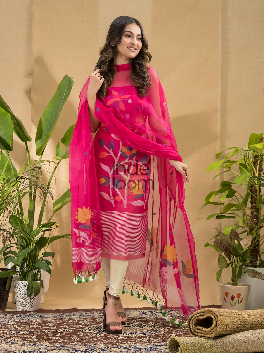 Deep Pink Jamdani -Piec2-Piece Set Kurti & Dupatta (UNSTITCHED) -748