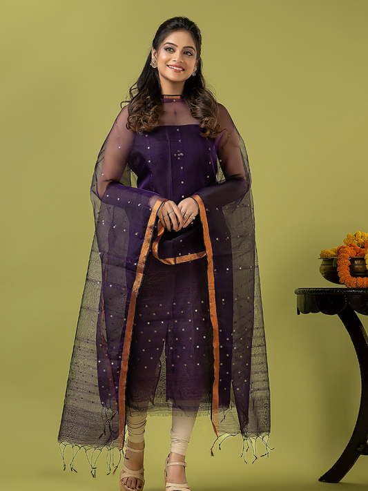 Handwoven Jamdani Muslin Unstitched 2-piece Kurti | Deep Violet