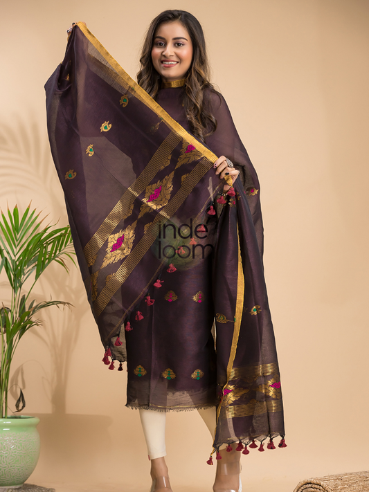 Eggplant | Handloom Jamdani Linen Unstitched 2-Piece Kurti | Benaras Design