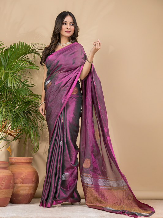Tissue Silk Saree With Shaded Wine Purple - 032