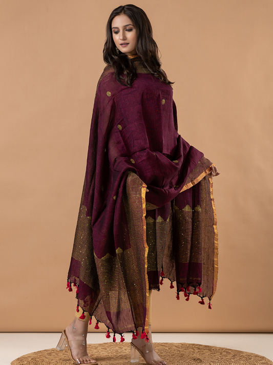Handwoven Jamdani Linen Unstitched 2-Piece Kurti | Deep Plum