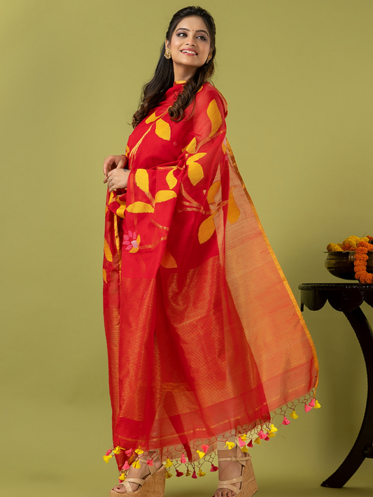 Handwoven Jamdani Silk Cotton Unstitched 2-piece Kurti | Vermilion Red