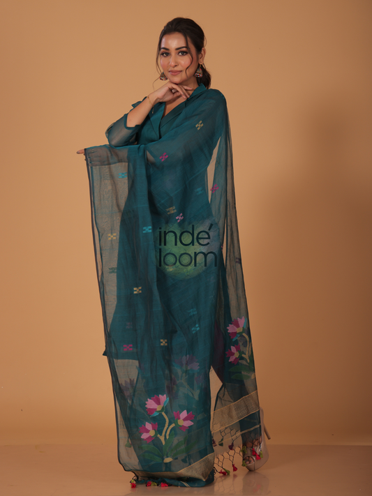 Slate Teal | Handloom Jamdani Muslin Unstitched 2-Piece Kurti | Classic Design