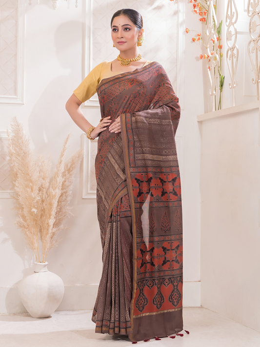 Ajrakh Exclusive Designer Modal Silk in Brick Red -049