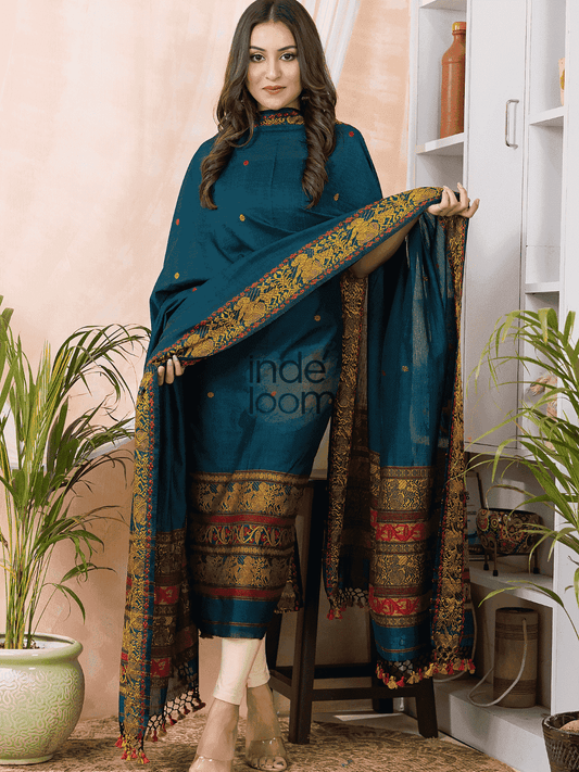 Deep Cyan | Handloom Jamdani Muslin Unstitched 2-Piece Kurti | Baluchari Design