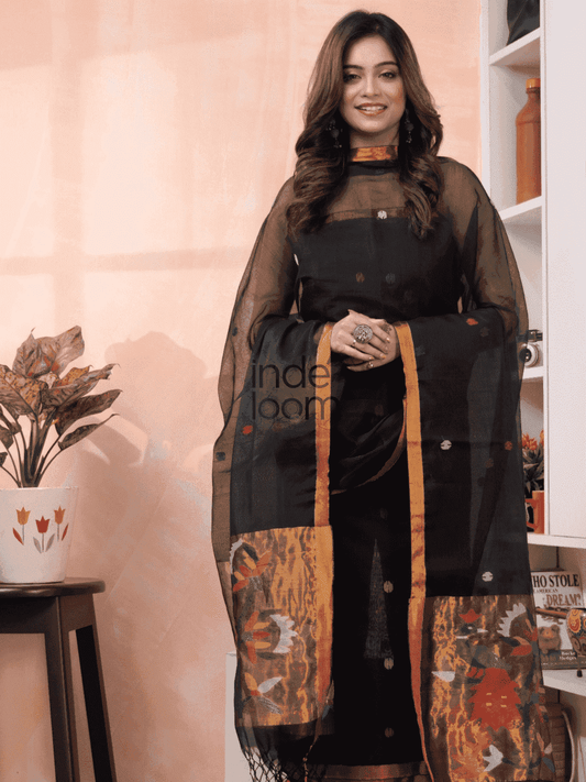 Coal Black Paithani Muslin Jamdani 2-Piece Set Kurti Dupatta (UNSTITCHED) -565 - indeloom