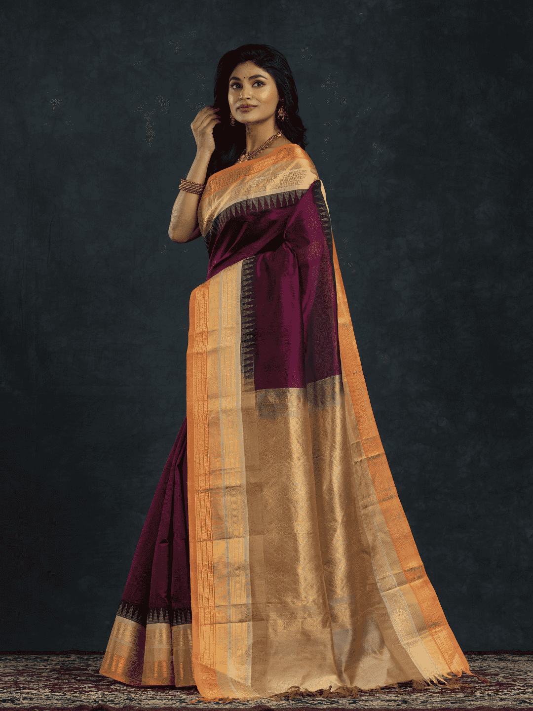 Pure Handloom Korvai Silk Cotton Saree in Deep Purple with Beige and Golden Orange with Temple border - 119