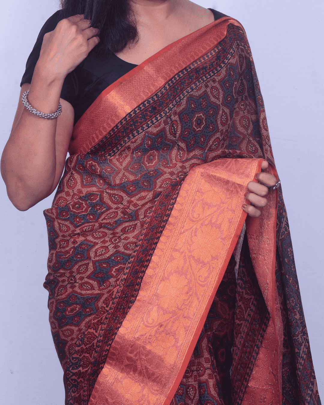 Ajrakh Exclusive Designer Chanderi in Rust Orange and Deep Charcoal with Zari Border - 034 - indeloom
