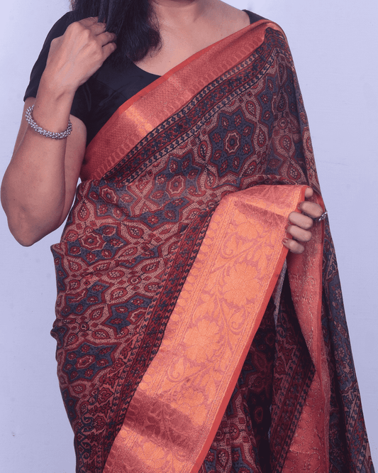 Ajrakh Exclusive Designer Chanderi in Rust Orange and Deep Charcoal with Zari Border - 034 - indeloom