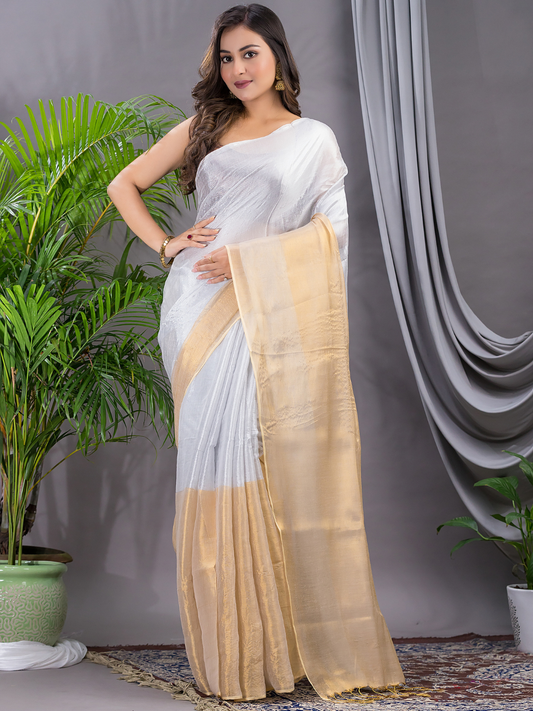 Tissue Silk Saree With Pearl White - 007