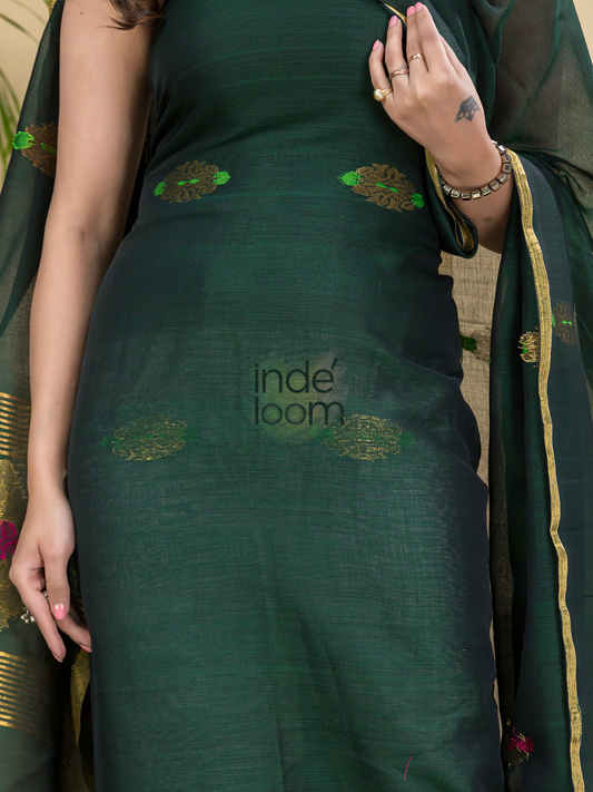 Forest Green | Handloom Jamdani Cotton Unstitched 2-Piece Kurti | Benaras Design
