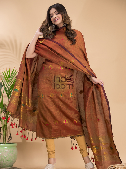 Copper Brown | Handloom Jamdani Linen Unstitched 2-Piece Kurti | Benaras Design