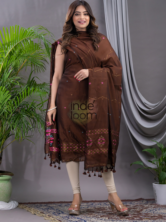 Rustwood Brown | Handloom Jamdani Cotton Unstitched 2-Piece Kurti | Bhujodi Design