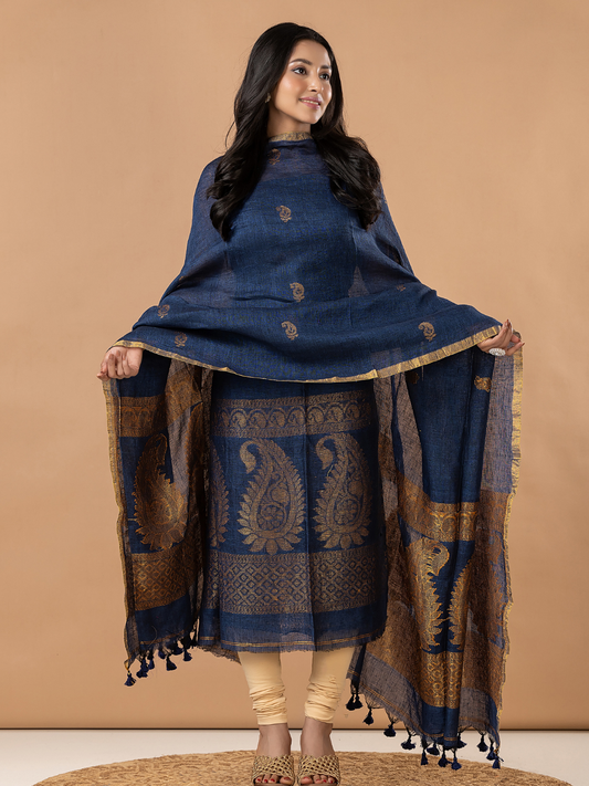 Handwoven Jamdani Linen Unstitched 2-Piece Kurti | Denim Navy Blue