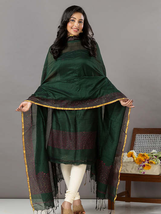 Handwoven Jamdani Linen Unstitched 2-Piece Kurti | Bottle Green