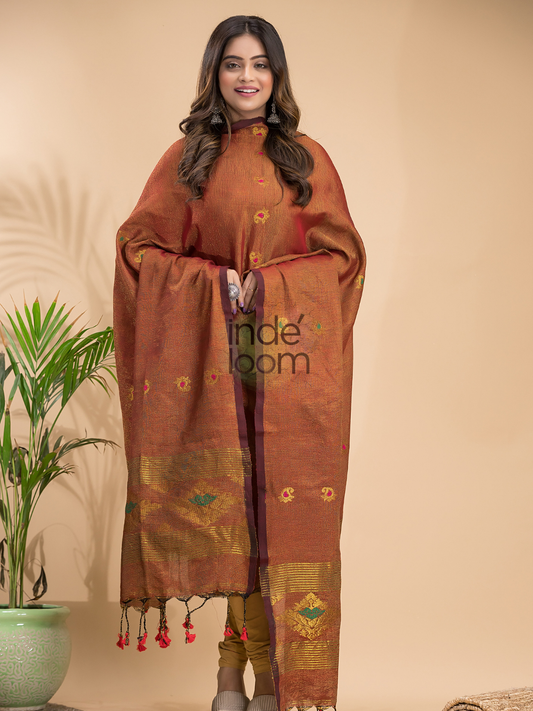 Copper Brown | Handloom Jamdani Linen Unstitched 2-Piece Kurti | Benaras Design