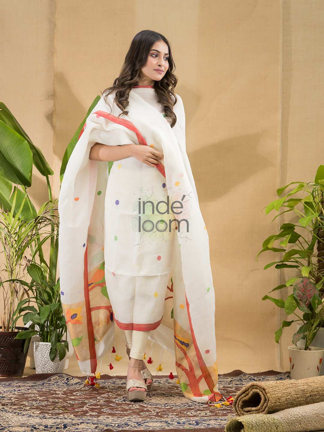 Snow White Jamdani 2-Piece Set Kurti & Dupatta (UNSTITCHED) -752