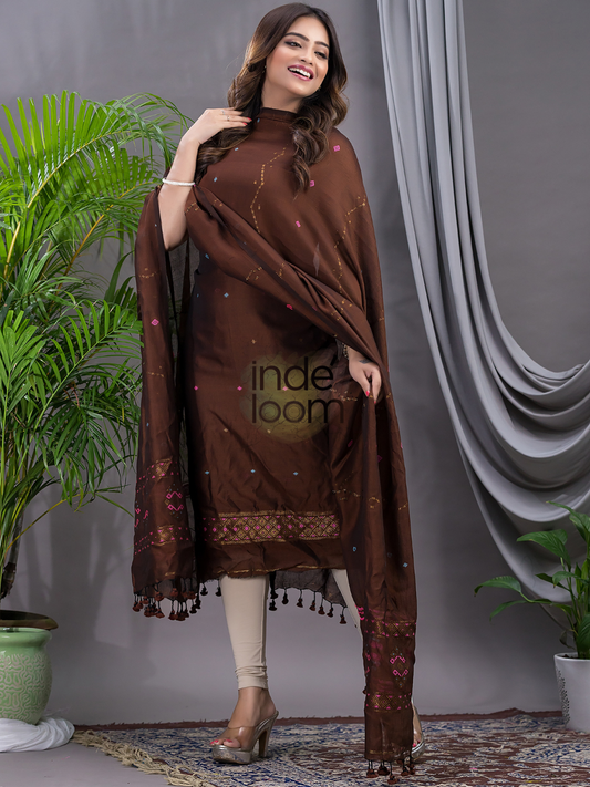 Rustwood Brown | Handloom Jamdani Cotton Unstitched 2-Piece Kurti | Bhujodi Design