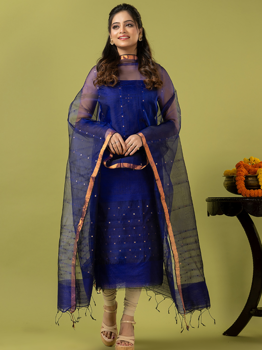 Handwoven Jamdani Muslin Unstitched 2-piece Kurti | Royal Blue
