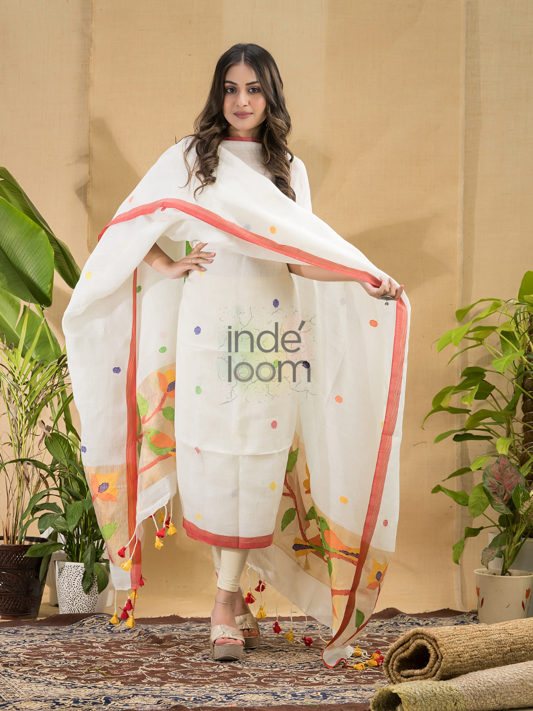 Snow White Jamdani 2-Piece Set Kurti & Dupatta (UNSTITCHED) -752