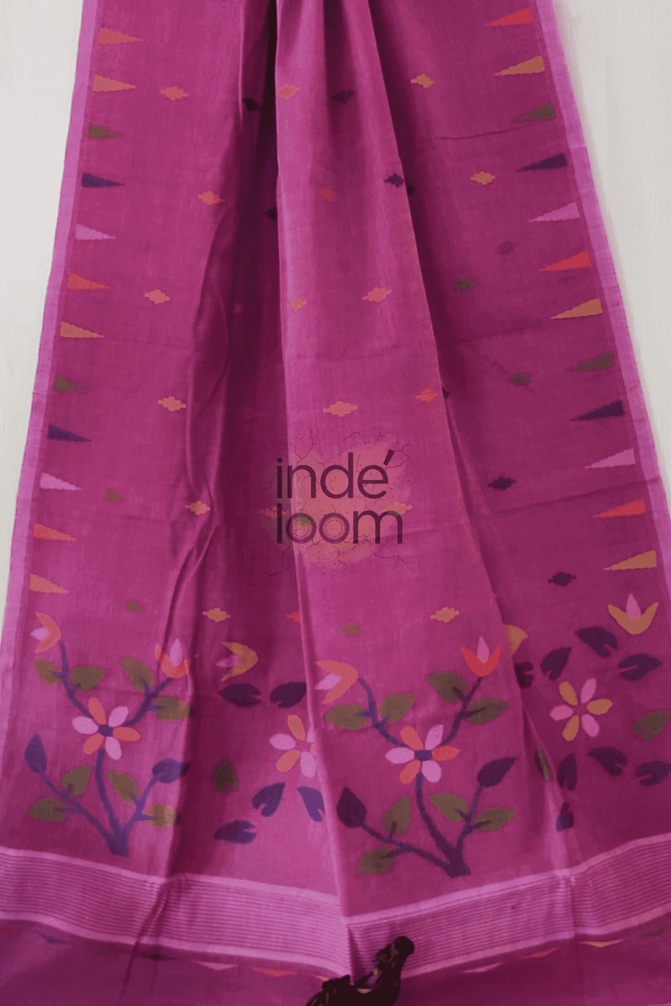 Floral Fuscia Pink Bengal Pure Cotton Jamdani Saree-004 - indeloom