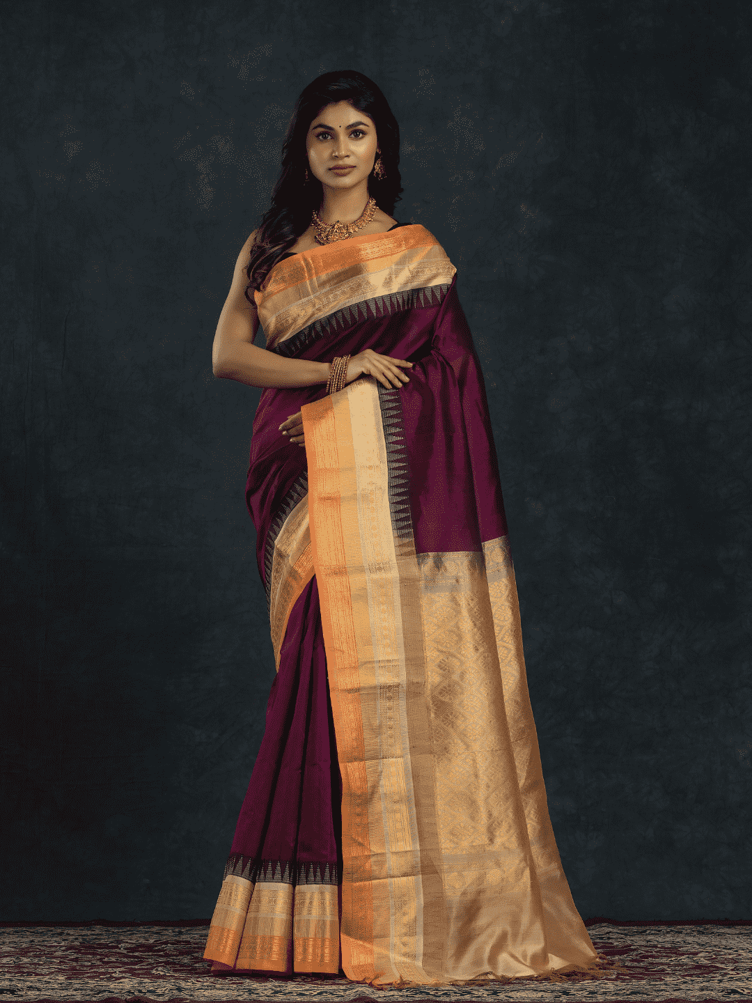 Pure Handloom Korvai Silk Cotton Saree in Deep Purple with Beige and Golden Orange with Temple border - 119