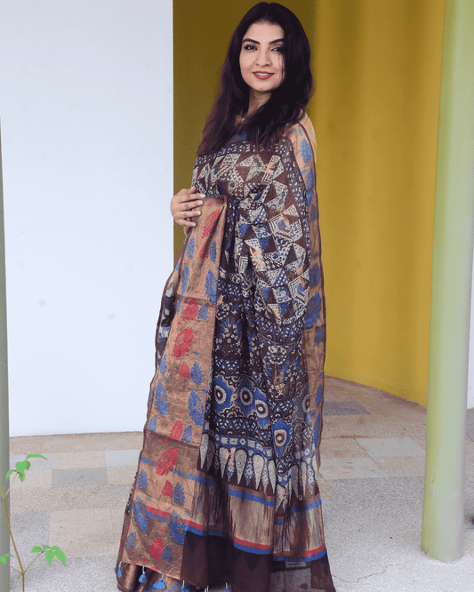 Ajrakh Exclusive designer Chanderi Saree with Floral Zari border - 029 - indeloom