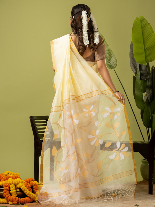 Pure Jamdani Linen Saree | Light Yellow and Yelllow | Half and Half style with Contrast Border