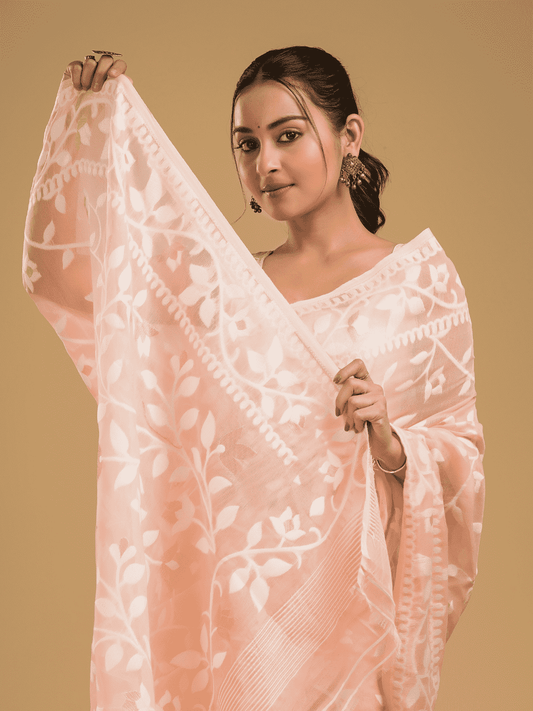 Light Pink Cotton Silk Jamdani Saree - 023 - indeloom