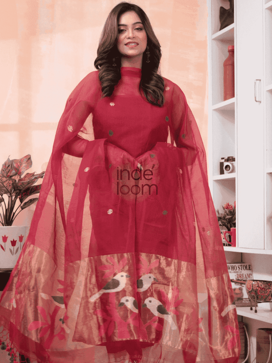 Coal Black Paithani Muslin Jamdani 2-Piece Set Kurti Dupatta (UNSTITCHED) -566 - indeloom