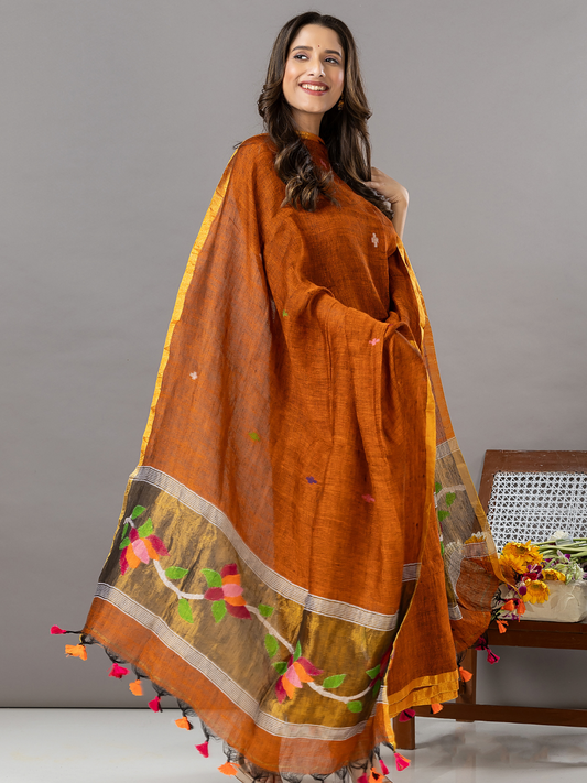 Handwoven Jamdani Linen Unstitched 2-Piece Kurti | Rust Orange