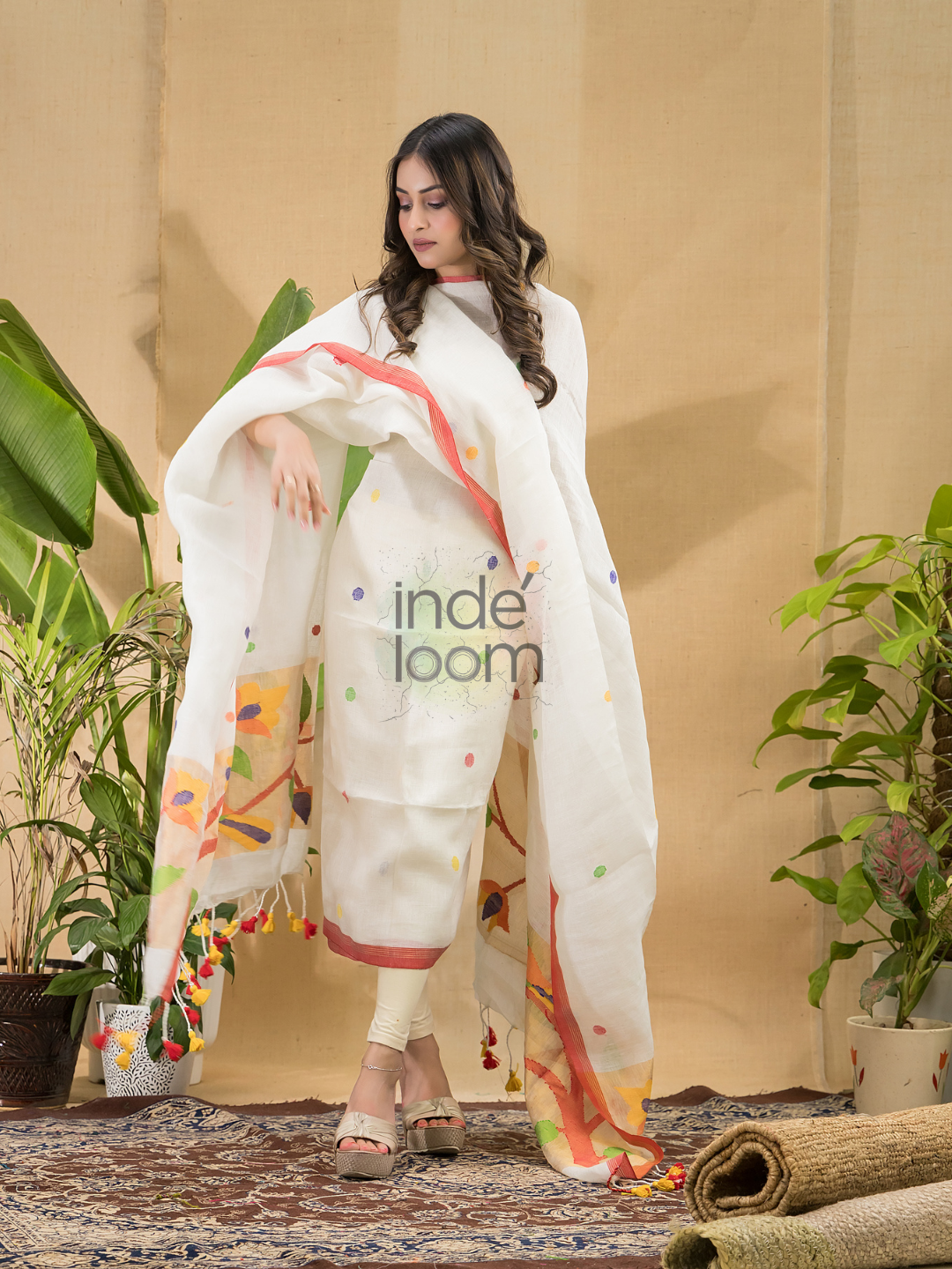Snow White Jamdani 2-Piece Set Kurti & Dupatta (UNSTITCHED) -752