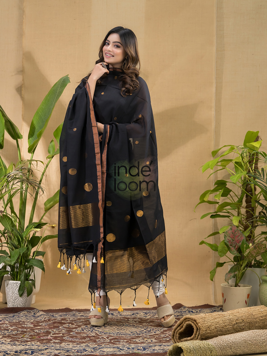 Dark Black Jamdani 2-Piece Set Kurti & Dupatta (UNSTITCHED) -753