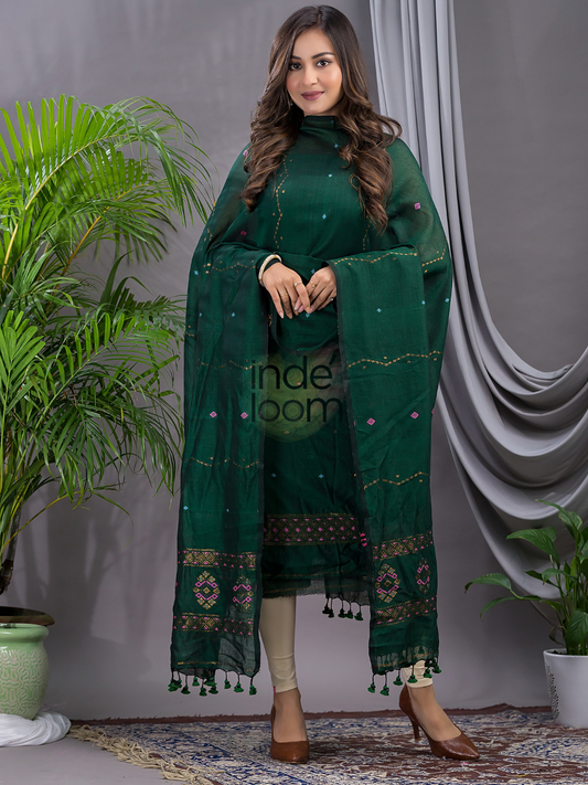 Forest Green | Handloom Jamdani Cotton Unstitched 2-Piece Kurti | Bhujodi Design
