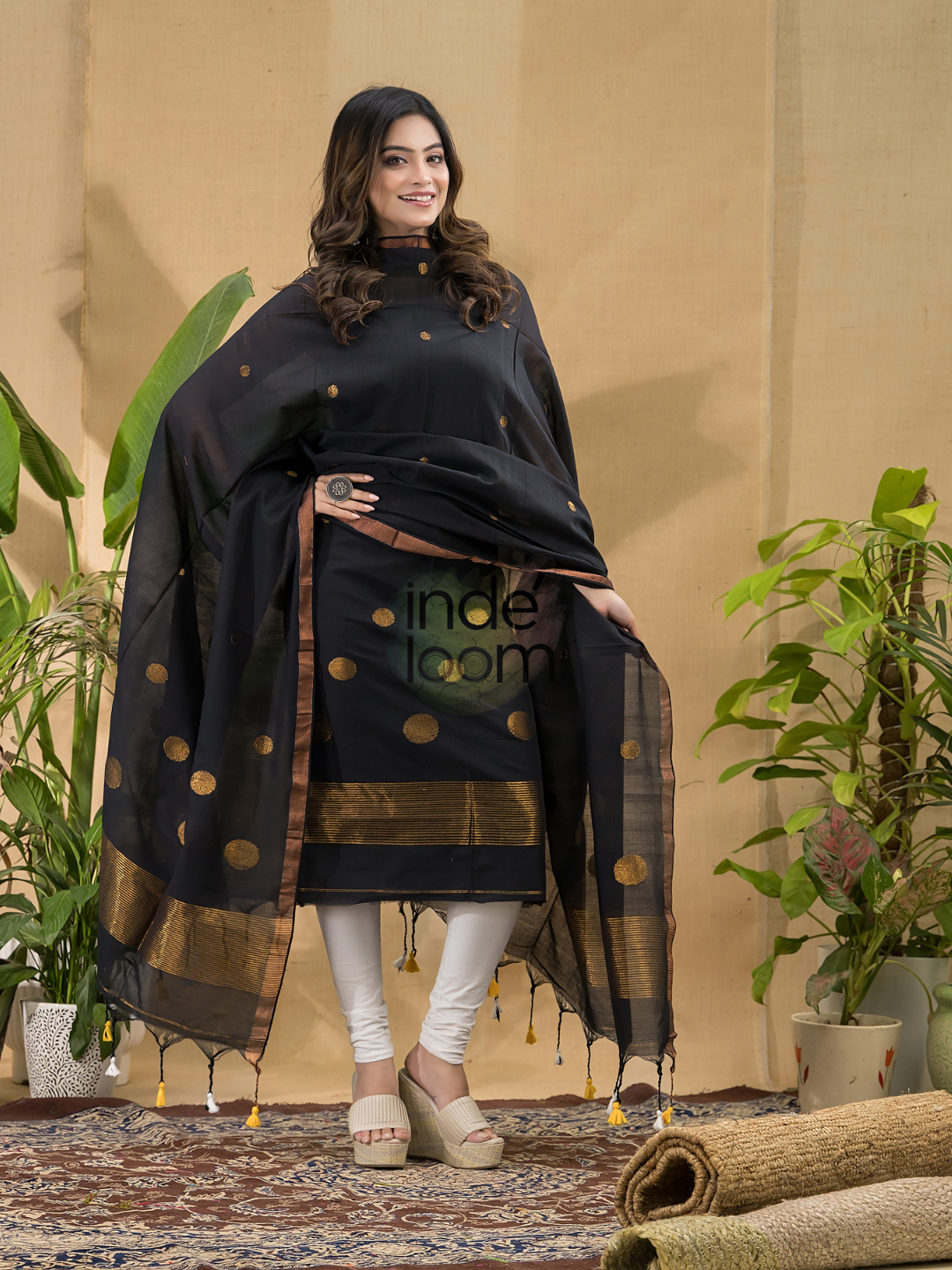 Dark Black Jamdani 2-Piece Set Kurti & Dupatta (UNSTITCHED) -753